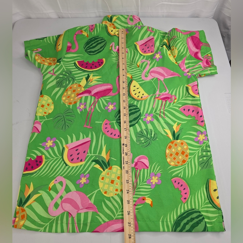 King Of Kameha Tropical Green Hawaiian Shirt with Pink Flamingos Size Med E-1708 - Picture 8 of 10